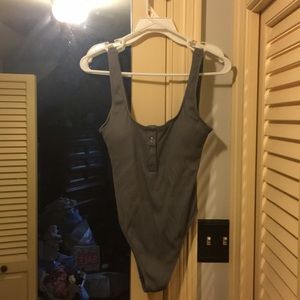 aerie one piece ribbed button up gray swimsuit